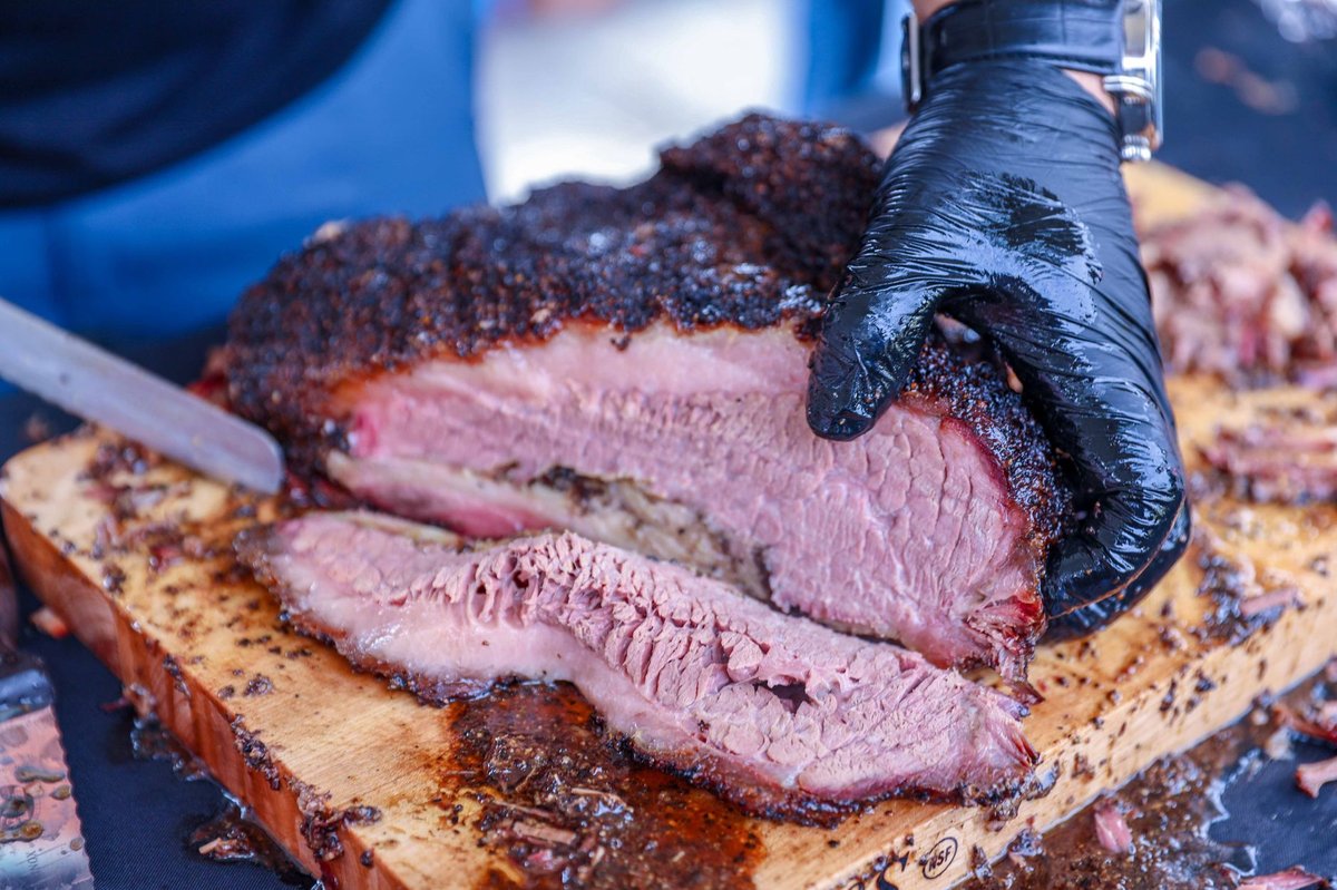 brisket sliced to show the smoke ring, Central Texas style