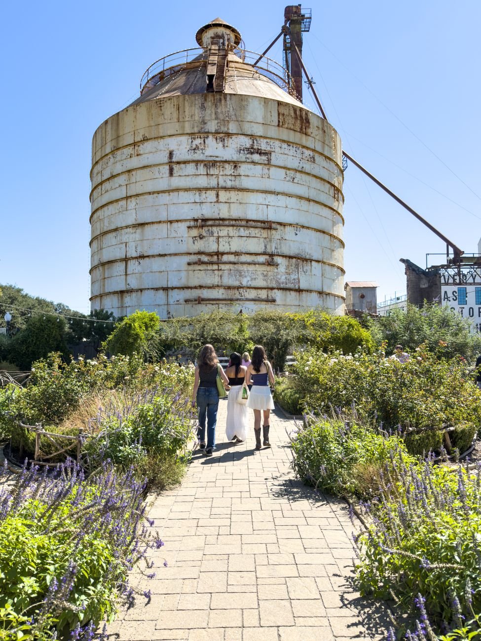 the silos and gardens at Magnolia Market in Waco