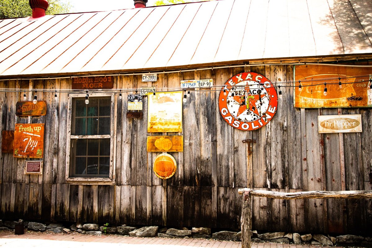 weathered wood and old Texas signage in the Gruene historic district