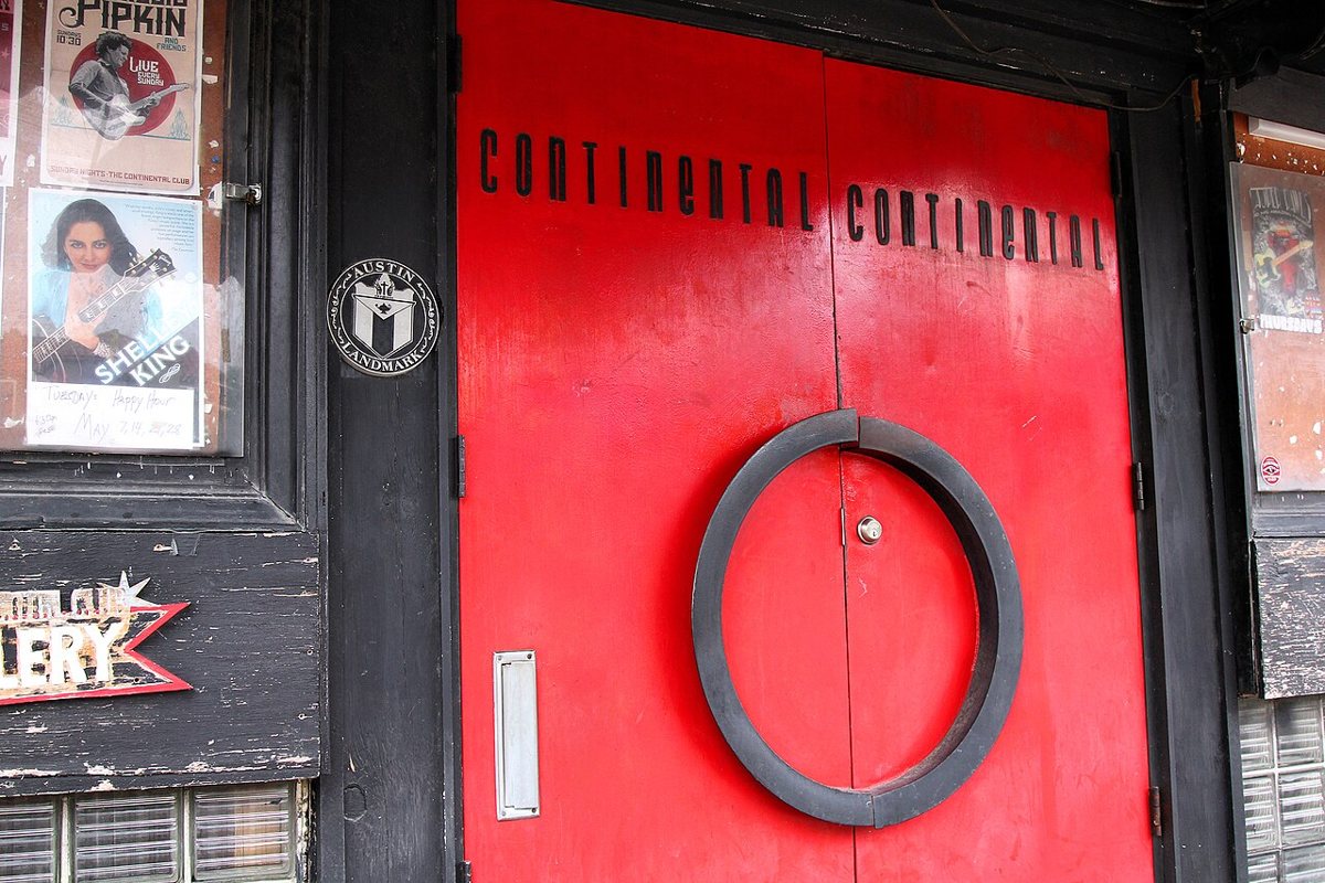 The red neon marquee of the Continental Club on South Congress Avenue in Austin at night