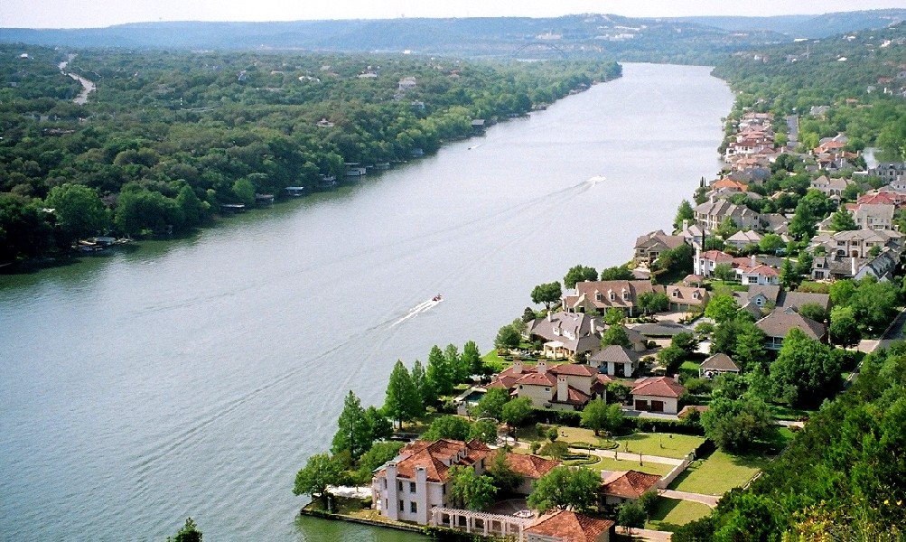 view from the top of Mount Bonnell overlooking Lake Austin in spring