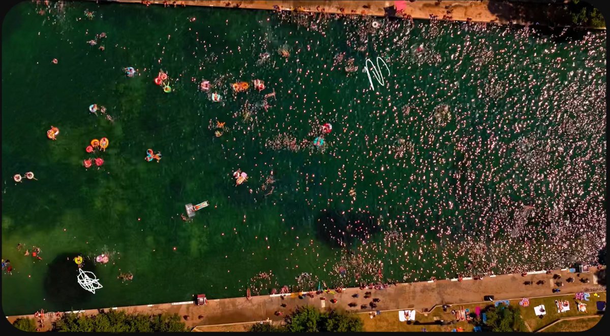 swimmers in the clear spring-fed water at Barton Springs Pool surrounded by pecan trees