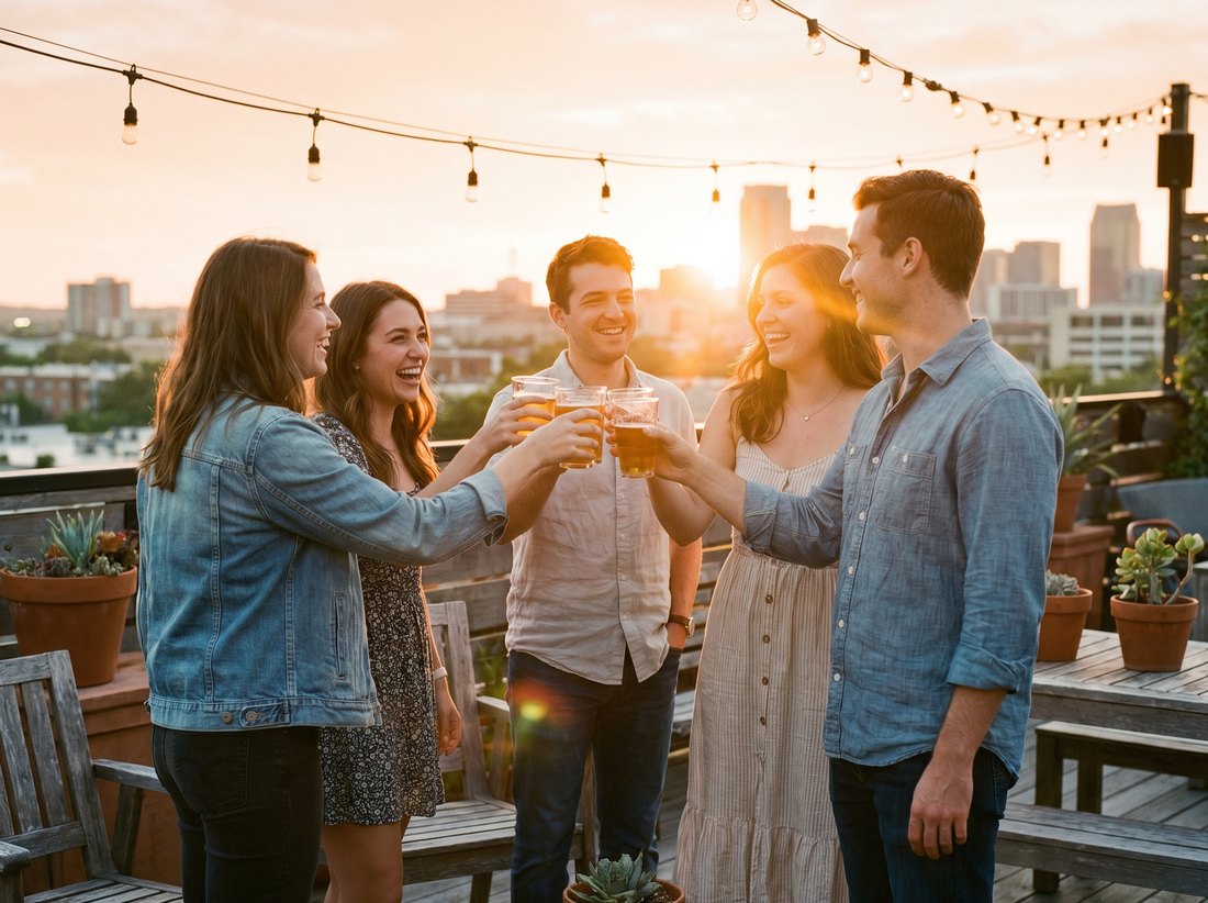 Friends toasting on an Austin rooftop at golden hour with the downtown skyline behind